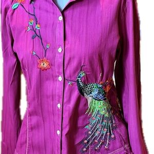 Johnny Was Workshop Large Embroidered Fuchsia Peacock Button Down Shirt